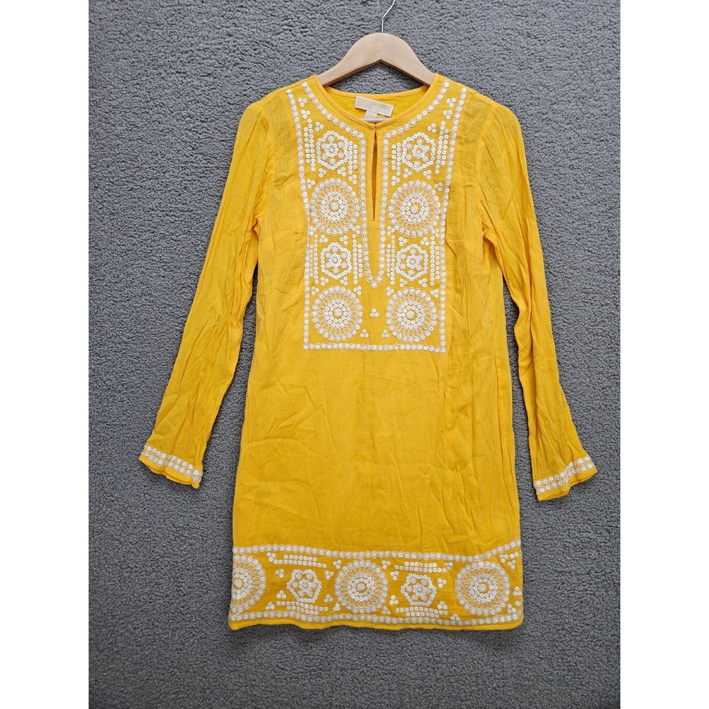 Michael Kors Tunic Dress XS Yellow Boho Embroidered Sequin Long Sleeve